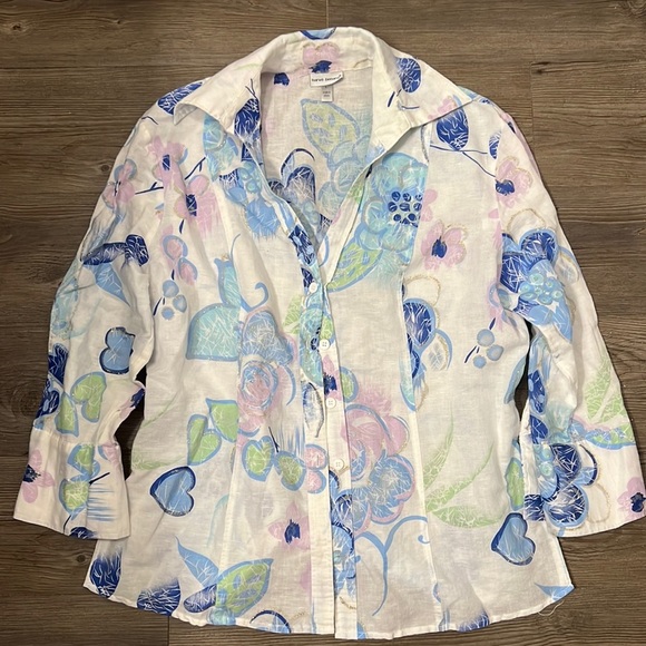 Harvé Benard Vintage White Floral Collared Shirt - Picture 1 of 7